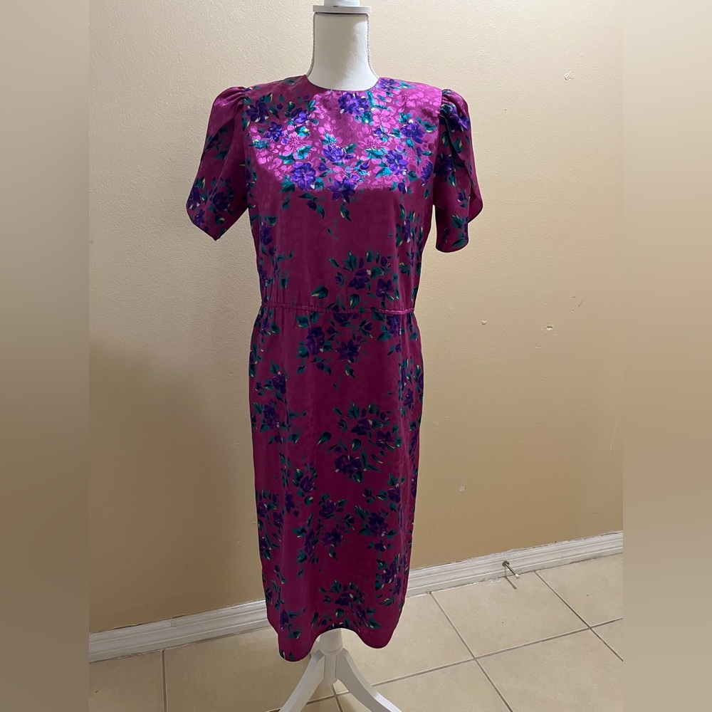 Vintage 80s Size 8 Petites For Maggy Secretary  Dress Puff Sleeve Satin Floral